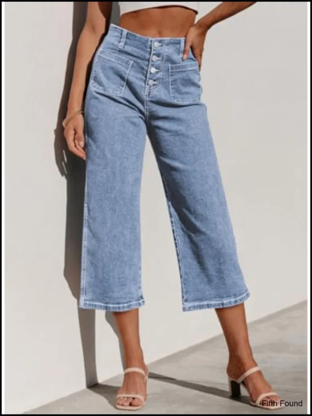 High Waisted Wide Leg Cropped Denim Capri Pants Stretchy Loose Fit
